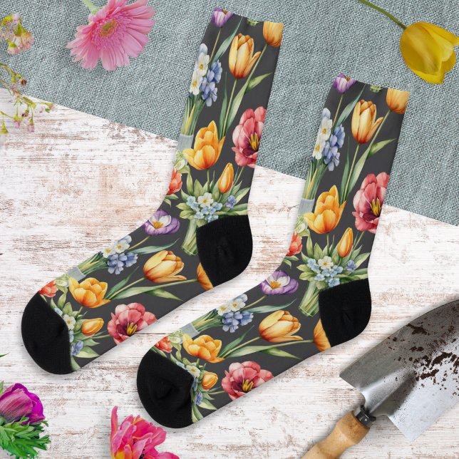 Colorful Spring Flowers Patterned Garden Lover's Socks (Socks patterned with colorful Spring blooms, including primrose, tulip and crocus flowers)