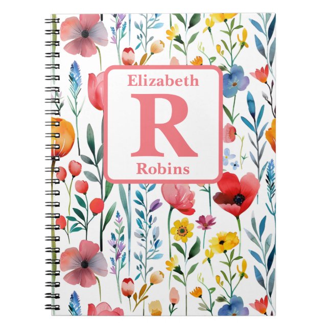 Colorful spring flowers personalized monogram  notebook (Front)