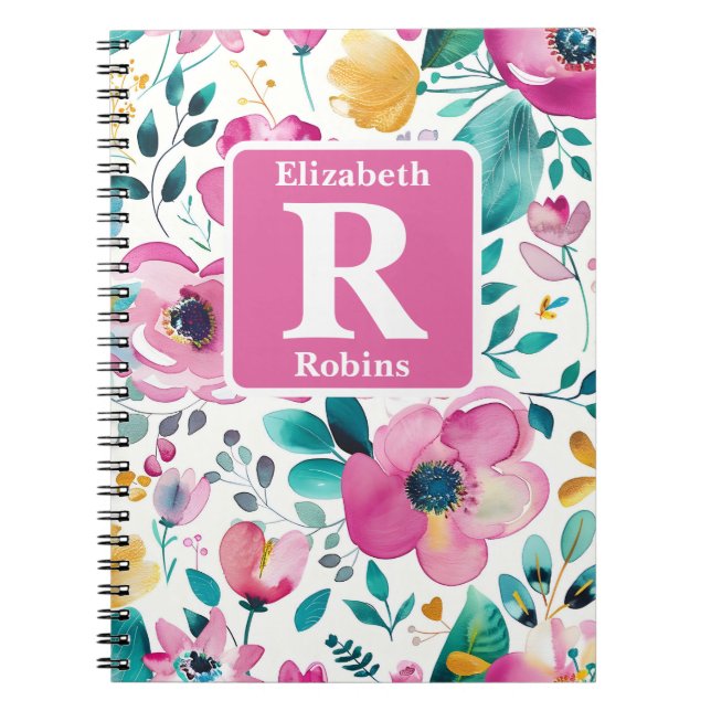 Colorful spring flowers personalized monogram  notebook (Front)