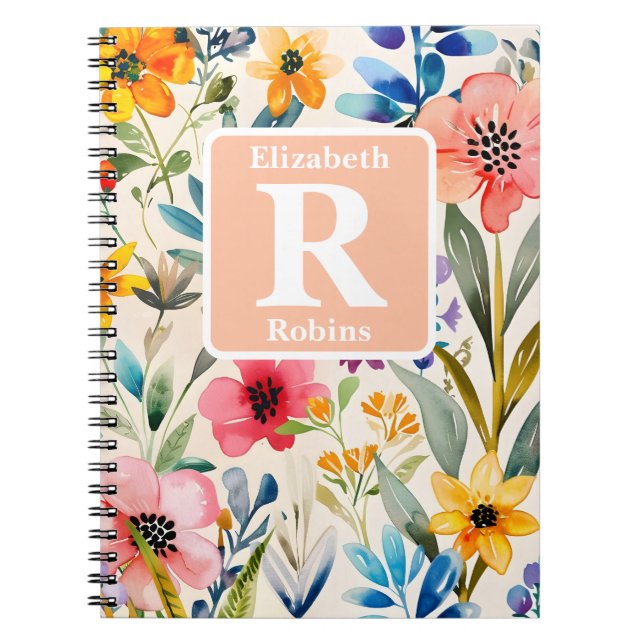 Colorful spring flowers personalized Monogram  Notebook (Front)