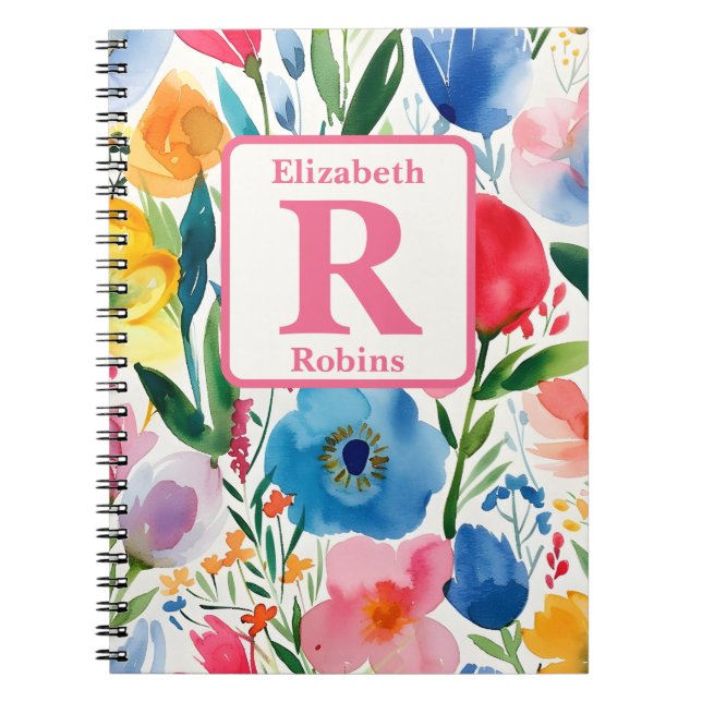 Colorful spring flowers personalized monogram  notebook (Front)