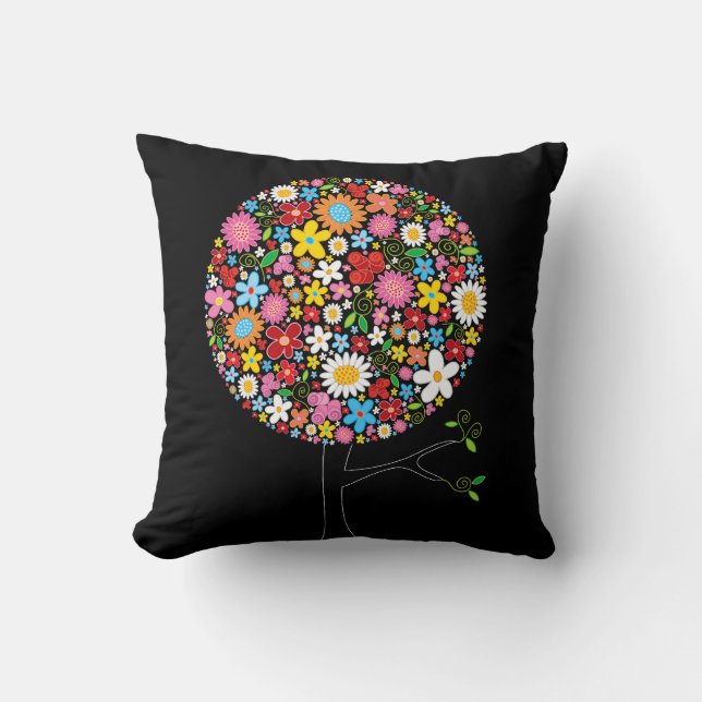 Colorful Spring Flowers Pop Tree Whimsical Chic Throw Pillow (Front)
