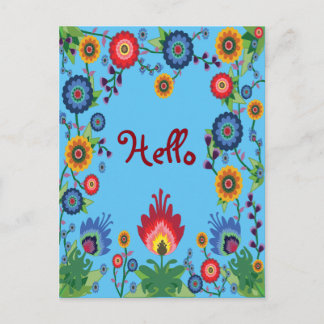 Colorful Spring Flowers Post Card 'Hello' Blue