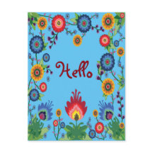 Colorful Spring Flowers Post Card 'Hello' Blue