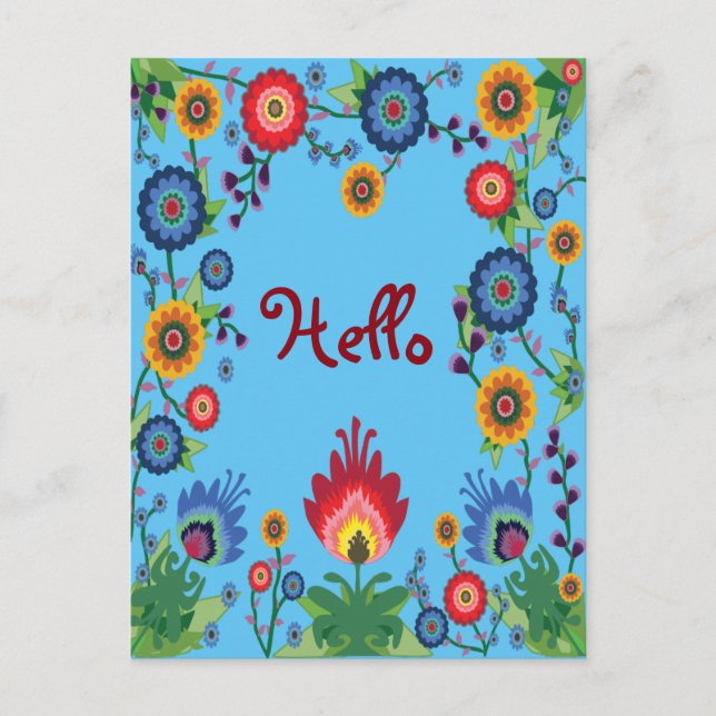 Colorful Spring Flowers Post Card 'Hello' Blue (Front)