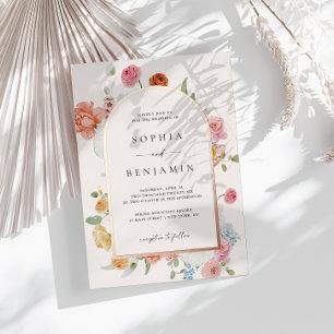 Colorful Spring Flowers Rose Gold Wedding Arch Foil Invitation