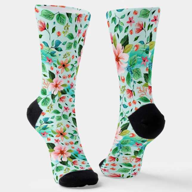 Colorful spring flowers seamless pattern socks (Angled)