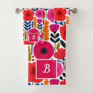 Colorful Spring Flowers Watercolor BOHO Monogram Bath Towel Set