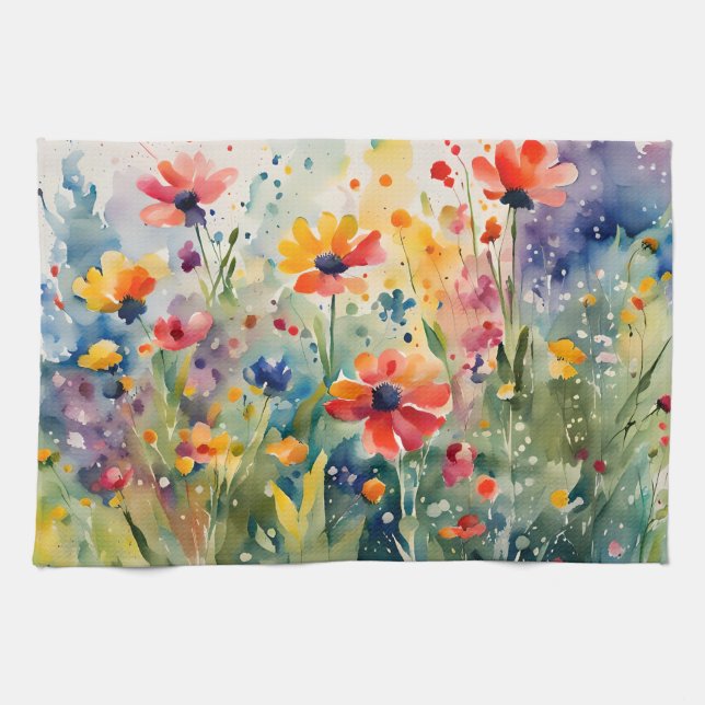 Colorful Spring Flowers Watercolor Kitchen Towel (Horizontal)
