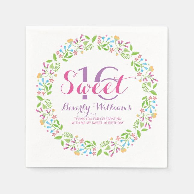 Colorful Spring Flowers Wreath Sweet 16 3 Paper Napkins (Front)