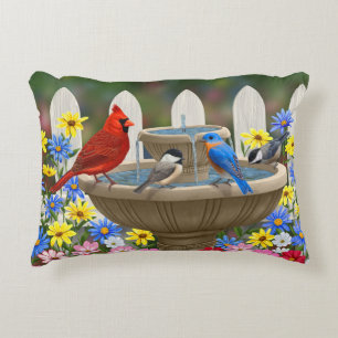 Colorful Spring Garden Bird Bath Accent Pillow