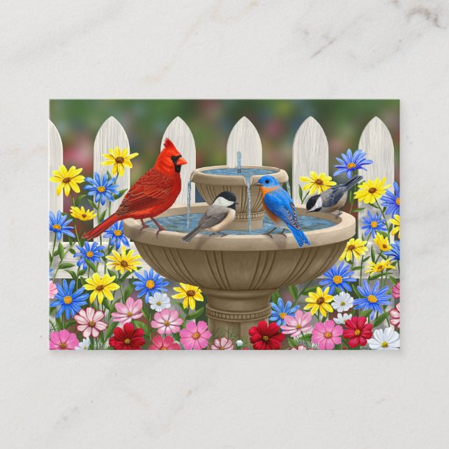 Colorful Spring Garden Bird Bath Business Card (Front)