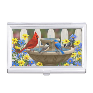 Colorful Spring Garden Bird Bath Business Card Case
