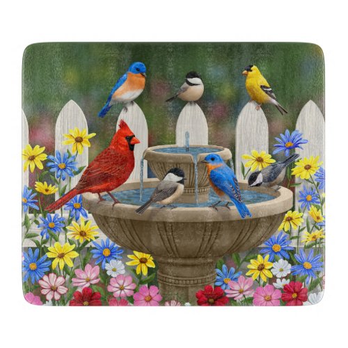 Colorful Spring Garden Bird Bath Cutting Board