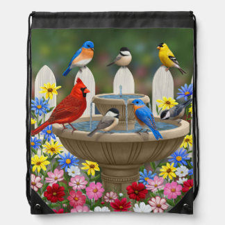 Colorful Spring Garden Bird Bath Drawstring Bag