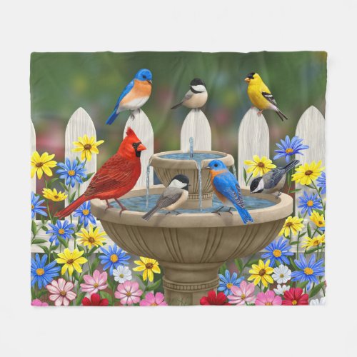 Colorful Spring Garden Bird Bath Fleece Blanket