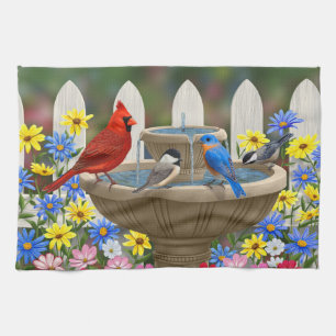 Colorful Spring Garden Bird Bath Kitchen Towel