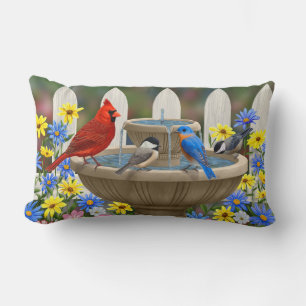 Colorful Spring Garden Bird Bath Lumbar Pillow