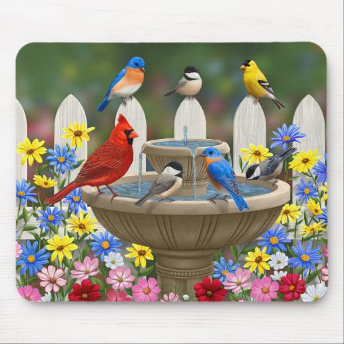 Colorful Spring Garden Bird Bath Mouse Pad