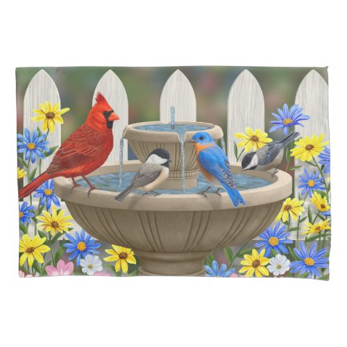 Colorful Spring Garden Bird Bath Pillow Case