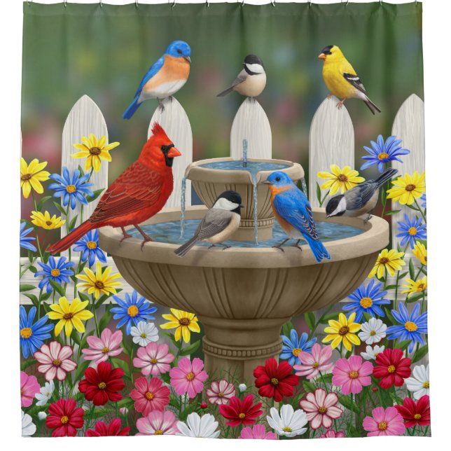 Colorful Spring Garden Bird Bath Shower Curtain (Front)