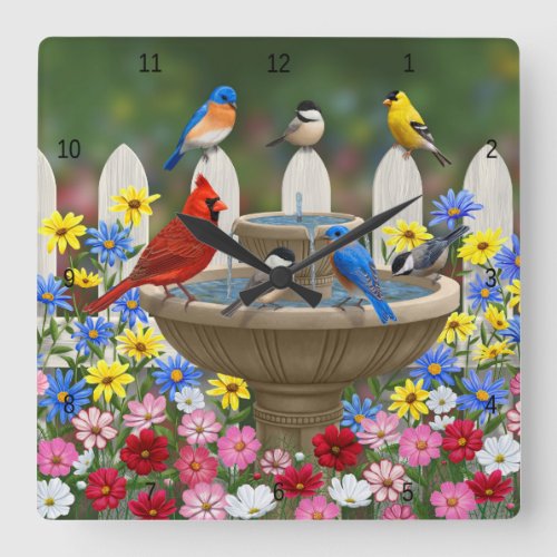 Colorful Spring Garden Bird Bath Square Wall Clock