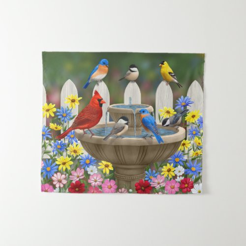 Colorful Spring Garden Bird Bath Tapestry