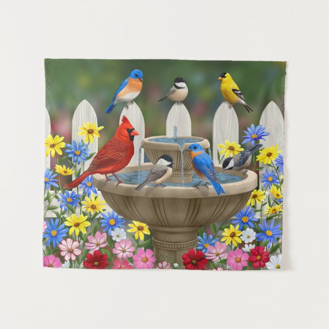 Colorful Spring Garden Bird Bath Tapestry (Front (Horizontal))