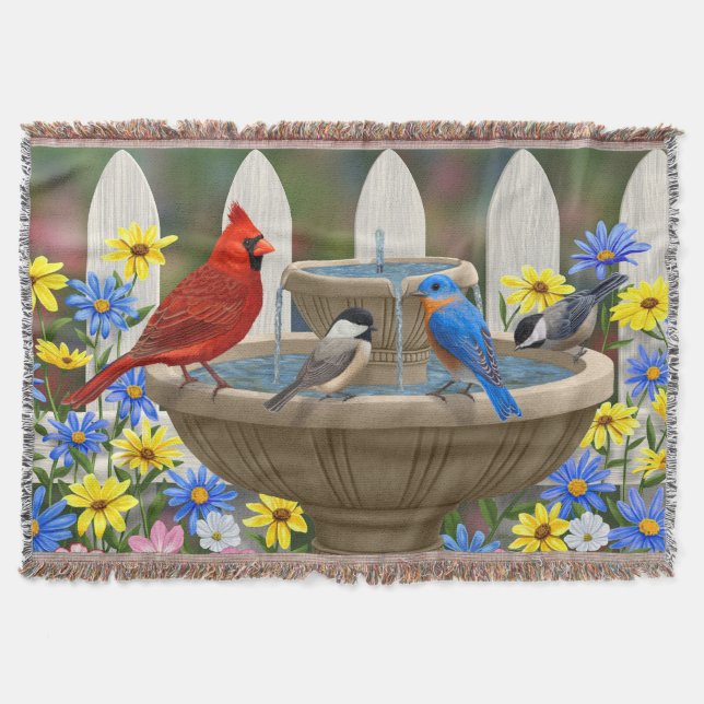 Colorful Spring Garden Bird Bath Throw Blanket (Front)