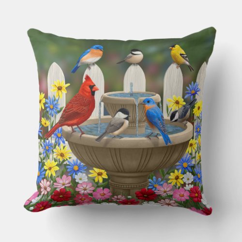 Colorful Spring Garden Bird Bath Throw Pillow