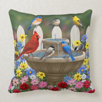 Colorful Spring Garden Bird Bath Throw Pillow