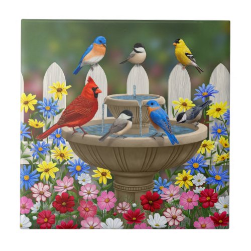 Colorful Spring Garden Bird Bath Tile