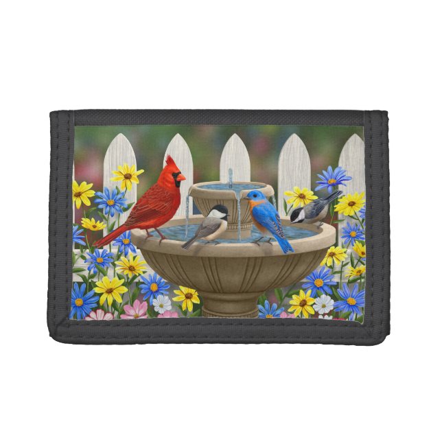 Colorful Spring Garden Bird Bath Tri-fold Wallet (Front)