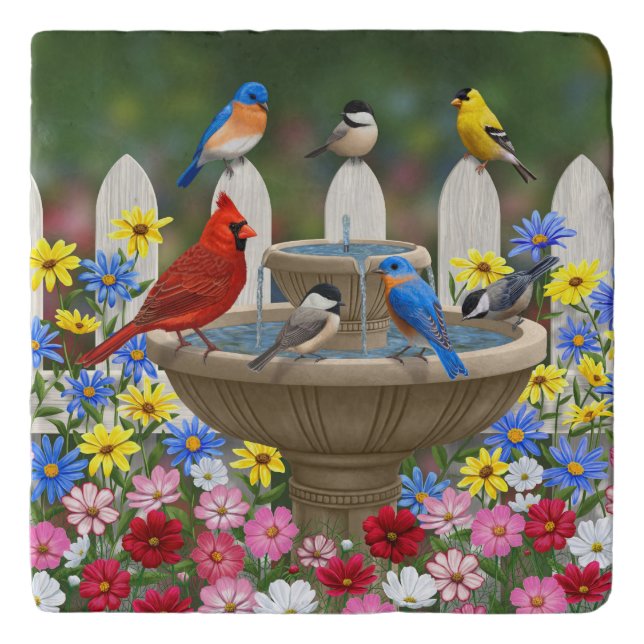 Colorful Spring Garden Bird Bath Trivet (Front)
