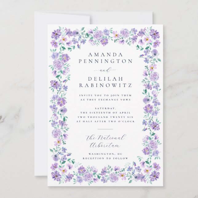 Colorful Spring Purple Lavender Flowers Wedding Invitation (Front)