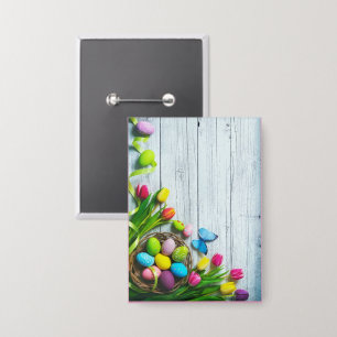 Colorful Spring Tulip Blossom Butterfly Wooden Tex Button