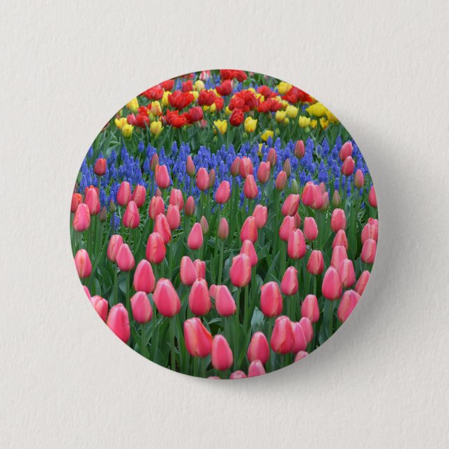 Colorful spring tulip garden pinback button (Front)