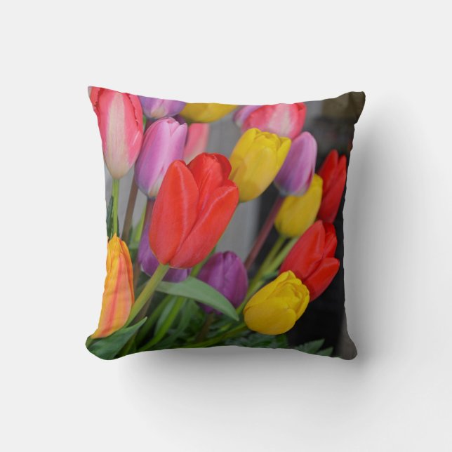 Colorful spring tulip print pillow (Front)