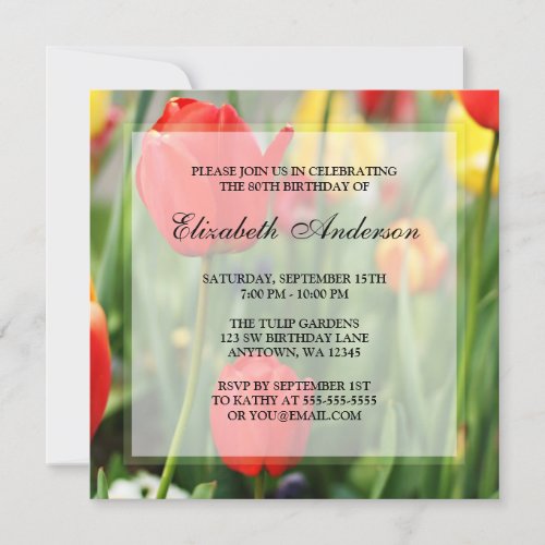 Colorful Spring Tulips 80th Birthday Party Custom Invites