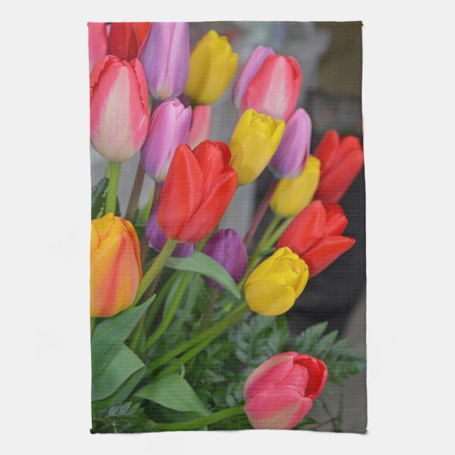 Colorful spring tulips kitchen towel (Vertical)