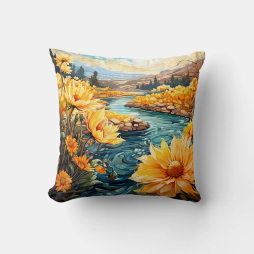 Colorful Spring Watercolor Landscape Art Throw Pillow