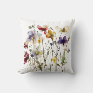 colorful spring wild flowers in watercolor throw pillow