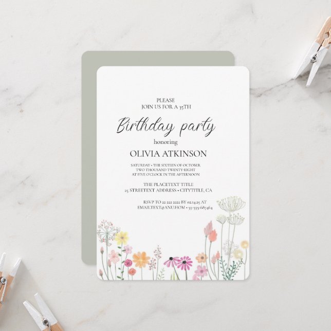 Colorful Spring Wildflower birthday party Invitation (Front/Back In Situ)