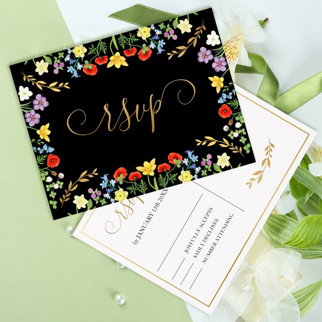 Colorful Spring Wildflower Black Wedding RSVP  Postcard (Colorful Spring Wildflower Black Wedding RSVP Postcard)