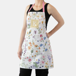 Colorful Spring Wildflower Garden Pattern Monogram Apron