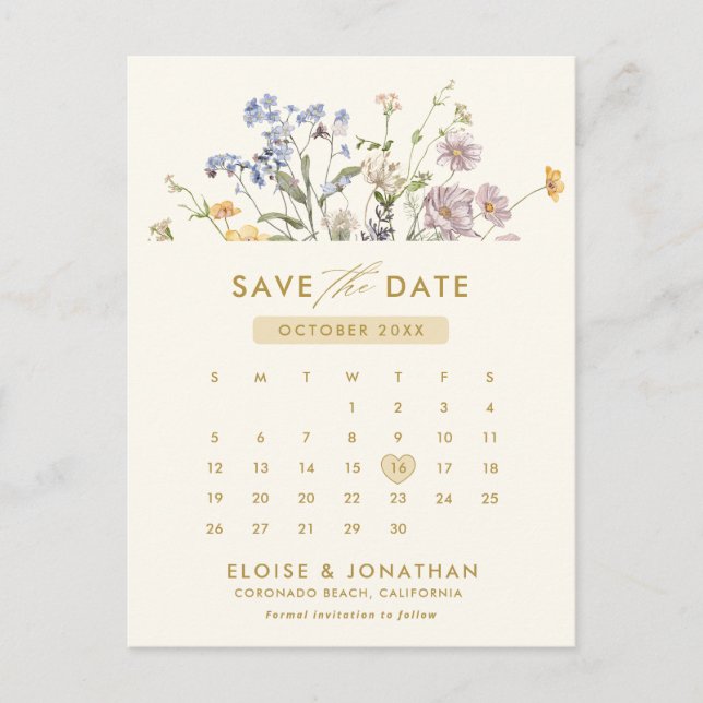  Colorful Spring Wildflower Gold  Save the Date Postcard (Front)