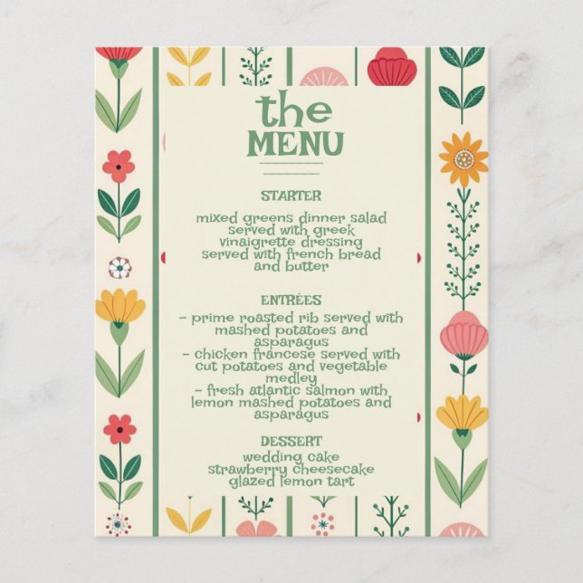 Colorful Spring Wildflower Meadow Garden Wedd Menu (Front)