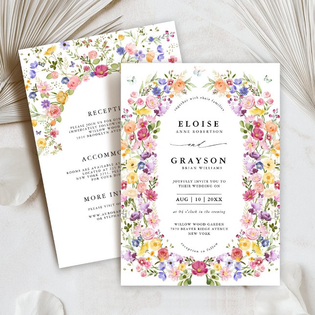 Colorful Spring Wildflower Meadow Garden Wedding  Invitation (Colorful Spring Wildflower Meadow Garden all in one Wedding Invitation with details on back)