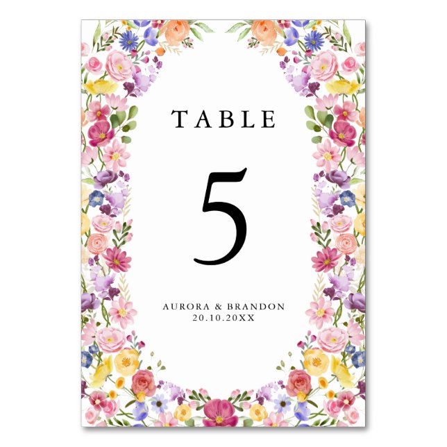 Colorful Spring Wildflower Meadow Garden Wedding  Table Number (Front)