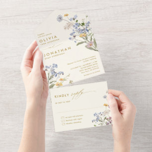 Colorful Spring Wildflower Meadow Gold Wedding All In One Invitation